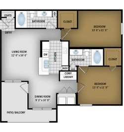 Floor plan for 2 beds, 2 baths, 1040 sqft